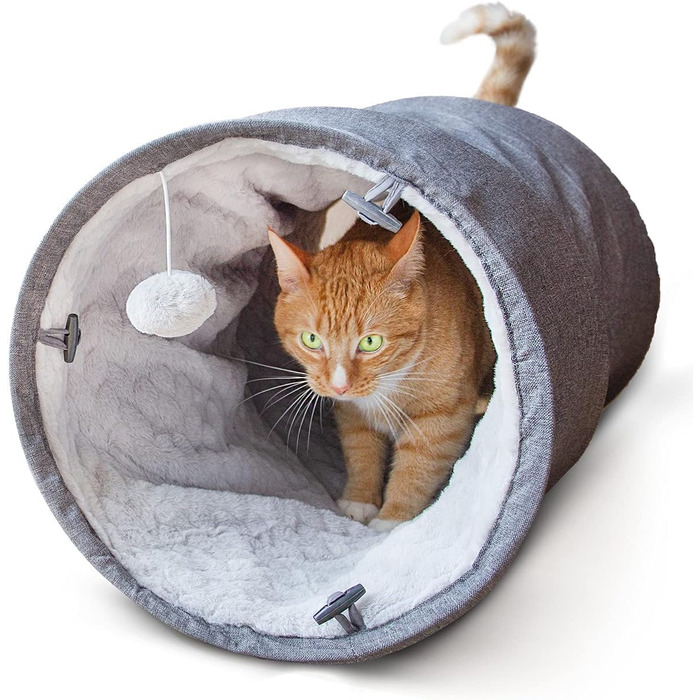 Ігровий тунель для котів CanadianCat XXL, м'який плюш, 150х35 см, сірий, з інтегрованою іграшкою