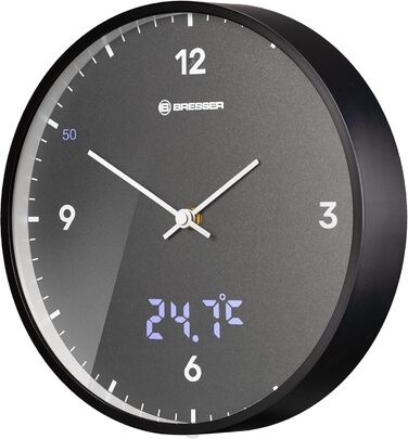 Стінастий годинник Bresser MyTime, 24 см, радіокерований, безшумний, з LED секундною індикацією, вимірюванням температури, сірий