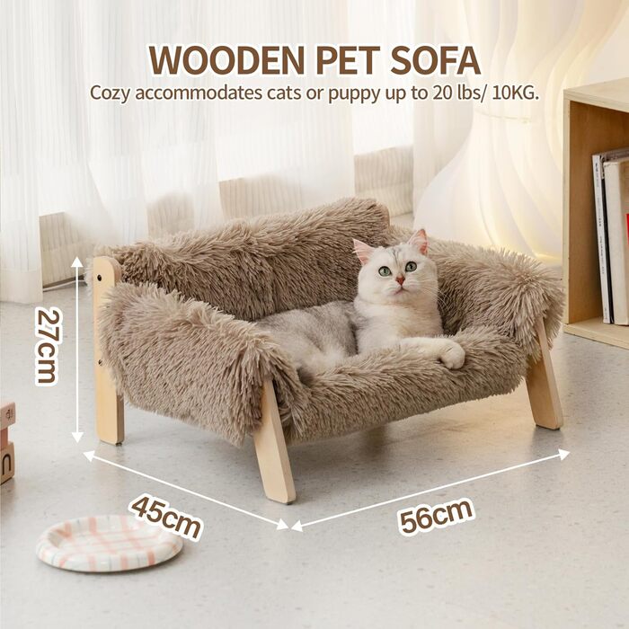 Підняте дерев'яне ліжко-софа для котів MEWOOFUN 56x45 см, міцне котяче ліжко зі стильним дизайном, знімний чохол, витримує до 10 кг, світло-коричневе