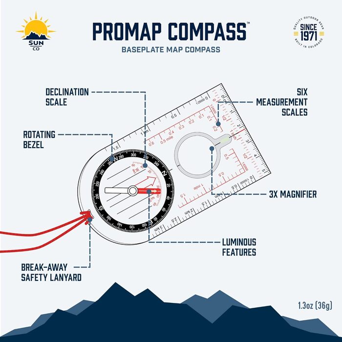 Компас Sun Company ProMap – ультралегкий базовий компас з деклінаційною шкалою для туризму, походів, кемпінгу та виживання