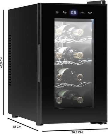 Винний шафа Cecotec Bolero GrandSommelier 830 CoolWood, термоелектрична, тиха, для 8 пляшок, налаштування температури 8-18°C, сенсорне керування, енергоефективна, чорна