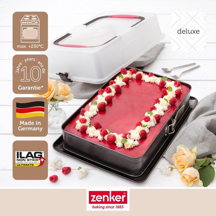Форма для випічки Zenker Deluxe з кришкою, прямокутна, емальований піддон, контейнер для транспортування торта, чорна/прозора/червона