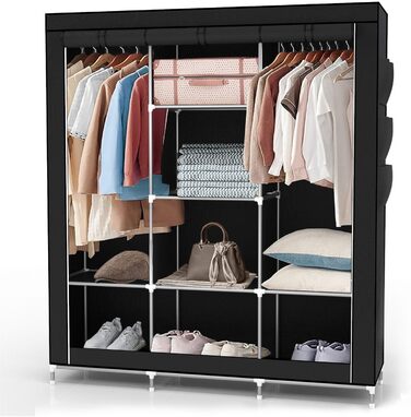 Тканинна шафа INTIRILIFE 130x175x45 см з блискавкою, полицями, штангою та бічною кишенею, складна, для одягу, для кемпінгу, чорна