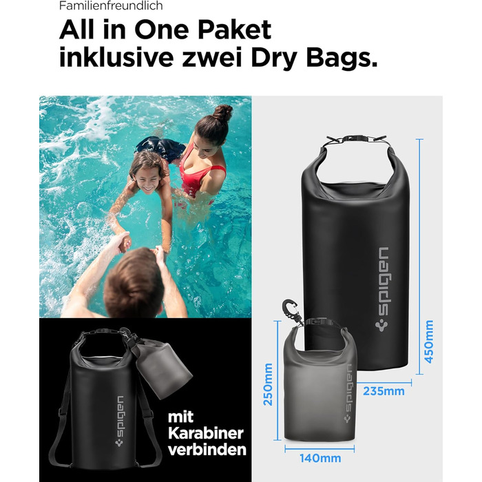 Водонепроникний набір сумок Spigen Aqua Shield 20L+2L для пляжу, плавання, кемпінгу, човна, каяка, чорний