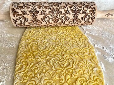 Дерев'яна качалка з гравіюванням «Східна квітка» DAMASK для тіста і печива, ручна робота від Algis Crafts