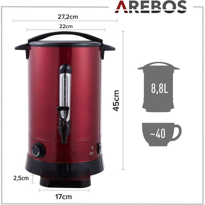 Електричний диспенсер для глінтвейну Arebos 8,8 л, 950 Вт, червоний, термостат, захист від перегріву