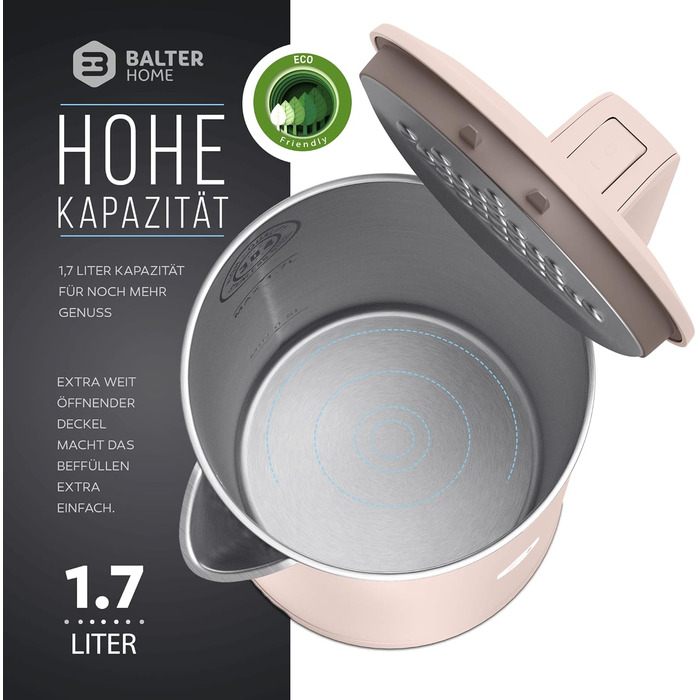 Електрочайник Balter WK-4 з нержавіючої сталі, 1,7 л, подвійна стінка, BPA Free, LED-підсвітка, компактний, тихий, чорний/рожевий