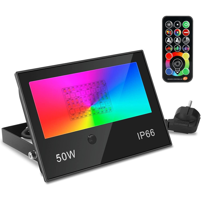 Світлодіодний прожектор RGB 50Вт для вулиці з пультом, IP66, 120 кольорів, диммований, таймер, настінний LED ліхтар