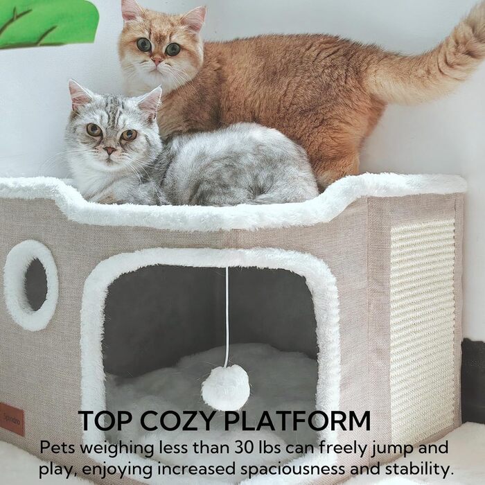 Велике котяче ліжко-куб з будиночком та когтеточкою, складний будиночок для домашніх котів і кошенят, з м’якою подушкою, 43,2x43,2x33 см, бежевий