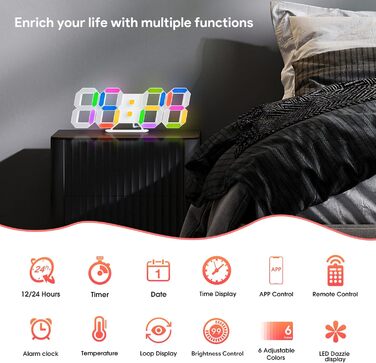 3D LED годинник-будильник EDUP HOME 9,7'' з RGB підсвіткою, безшумний, цифровий, USB, 7 кольорів, дата, температура, додаток і пульт, для спальні, вітальні, офісу