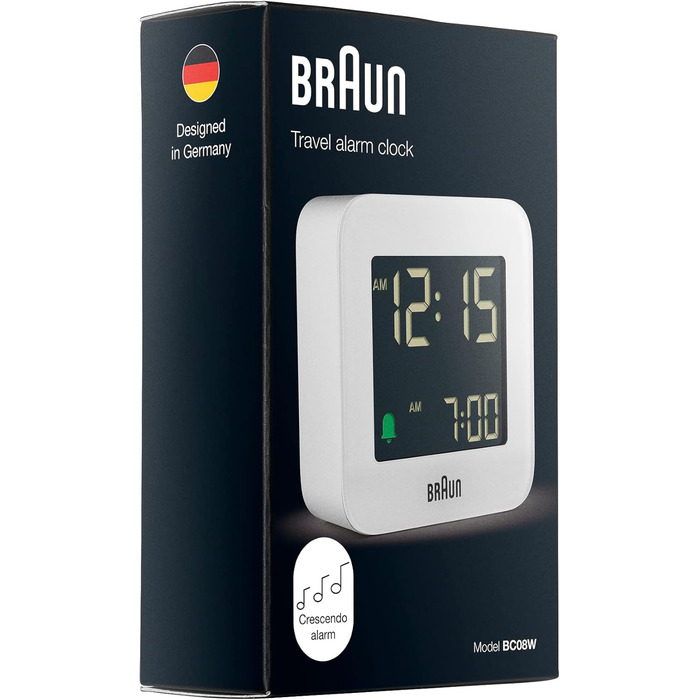 Цифровий дорожній будильник Braun BC08W з функцією відстрочки, компактний, негативний LCD-дисплей, швидке налаштування, наростаючий сигнал, білий
