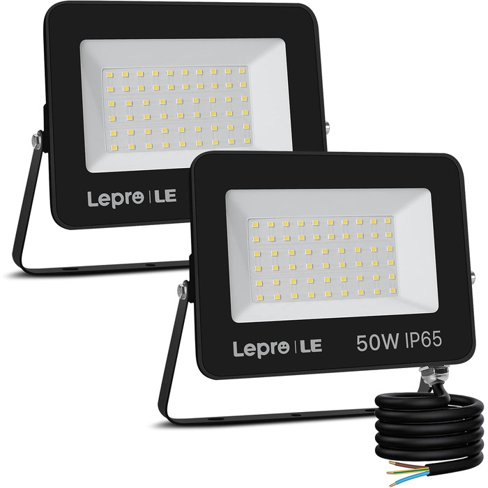 LED прожектор Lepro 50W, 4250 Лм, IP65, 5000K, комплект 2 шт. Вуличний водонепроникний світильник для саду, двору, гаража, готелю, спортивного майданчика