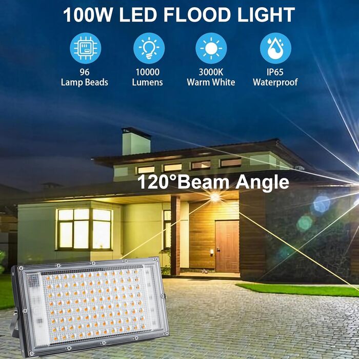 LED прожектор 100Вт з вилкою, 2 шт, 10000 лм, тепле біле світло 3000K, IP65, водонепроникний, для вулиці, саду, гаража, спортмайданчика