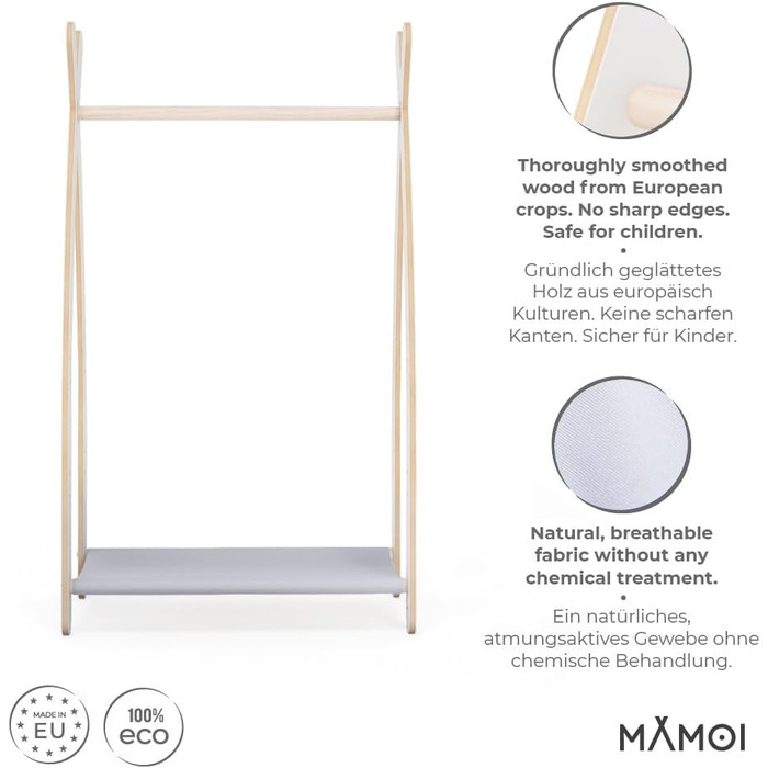 Дитяча вішалка-стійка MAMOI для одягу, екологічна, 106x95x32 см або 53x95x32 см, гардероб для дитячої кімнати, 1 модуль, біло-сіра, виготовлена в ЄС