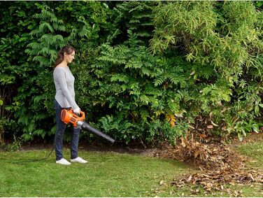 Акумуляторний садовий пилосос та повітродув BLACK+DECKER, електроаксіальний, 1850 Вт, швидкість 190 км/год, об'єм 765 м³/год, інтегрований скребок для листя