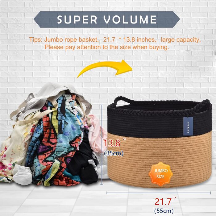 Великий плетений кошик для білизни COMSE 55x35 см, дитяча кімната, бавовняний шнур, для іграшок, одягу, рушників, чорний/сірий/карамель