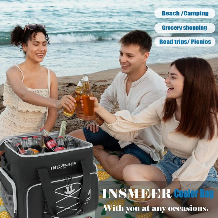 Велика ізотермічна сумка-холодильник INSMEER 45л, складна, для 55 банок, водонепроникна, термосумка для напоїв і продуктів з відкривачкою, для пікніка, кемпінгу, пляжу, покупок
