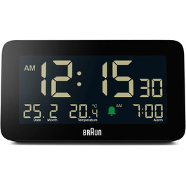 Цифровий годинник Braun BC10B з будильником, датою, місяцем, термометром, LCD-дисплеєм, швидким налаштуванням, чорний
