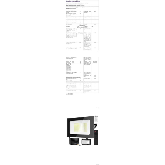 LED прожектор з датчиком руху та світла Papasbox, 100W, IP66, 6500K, з пультом, для вулиці, саду, гаража, спортмайданчика