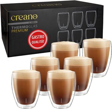 Набір склянок Creano PREMIUM 400 мл, подвійні стінки, 6 шт, для латте і капучино, гастрономічна якість, термостійкі, для посудомийної машини