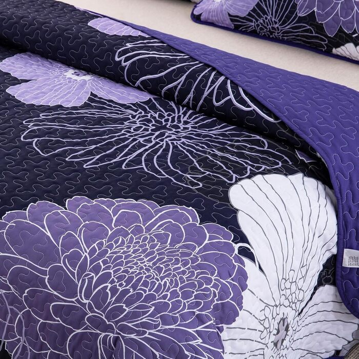 Покривало WONGS BEDDING 220x240 см, лілове, квітковий принт, мікрофібра, літнє стьобане покривало для двоспального ліжка + 2 наволочки 50x75 см