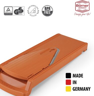 Овочерізка Börner V3 Plus з піддоном і спіральним ножем, регульована, для скибочок, соломки та кубиків, помаранчева
