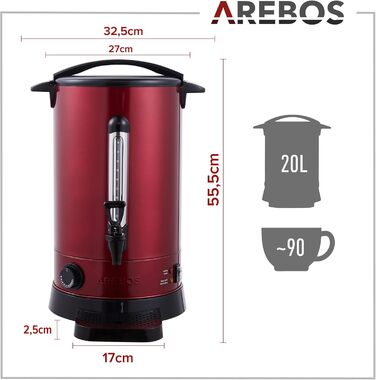 Електричний диспенсер для глінтвейну Arebos 20 л, 1650 Вт, з піддоном, краном, термостатом і захистом від перегріву, регулювання температури 30-110°C, червоний
