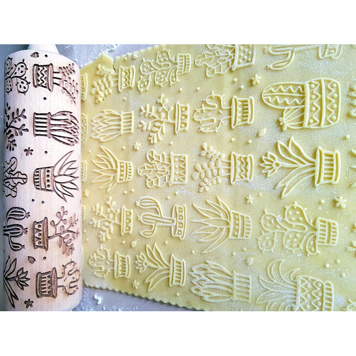 Дерев'яна качалка з гравіюванням кактусів для тіста та печива Algis Crafts, пряге ролик для домашньої випічки, декор з сукулентами