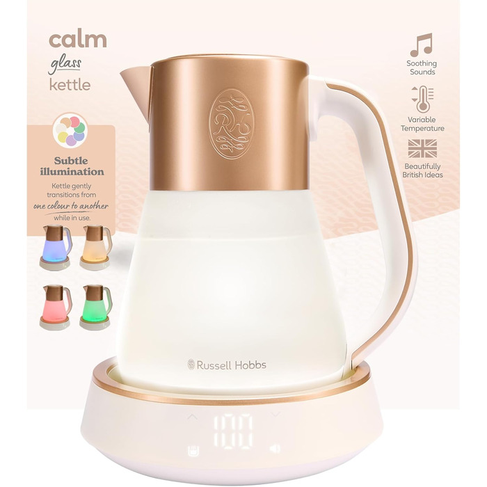 Електричний чайник Russell Hobbs зі скла 1,7 л з регулюванням температури 40-100°C, LED-підсвіткою, тихою технологією кип'ятіння, функцією підтримки тепла, цифровим дисплеєм, сенсорним управлінням, 2400 Вт, модель Calm 27450-70