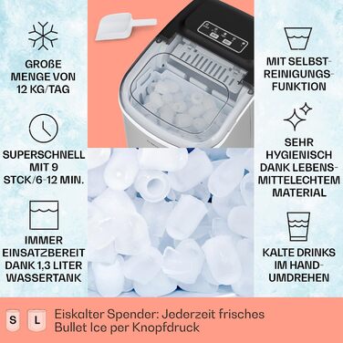 Льодогенератор Klarstein, 12 кг/24 год, 2 розміри, 1,3 л, LED, портативний, нержавіюча сталь, для вечірок та садових свят