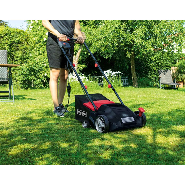 Електричний аератор-скарифікатор Scheppach SC32, 1500 Вт, 32 см, 30 л, 4-рівневе регулювання, вал з 16 ножами, вал з 36 граблями