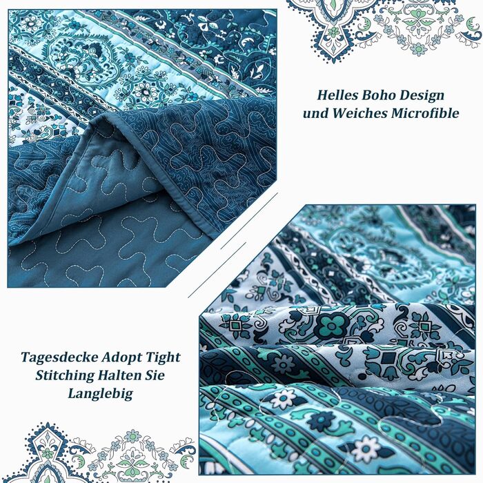 Покривало WONGS BEDDING 220x240 см, стьобане, комплект 3-в-1, мікрофібра, бохо стиль, темно-синє, з 2 наволочками 50x70 см, для двоспального ліжка або дивану