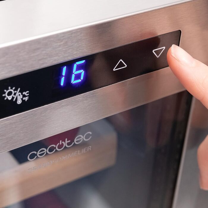 Винний шафа Cecotec Bolero GrandSommelier 830 CoolWood, термоелектрична, тиха, енергоефективна, для 12 пляшок, з індикаторами, сенсорним керуванням, нержавіюча сталь і дерево, регулювання температури 8-18°C
