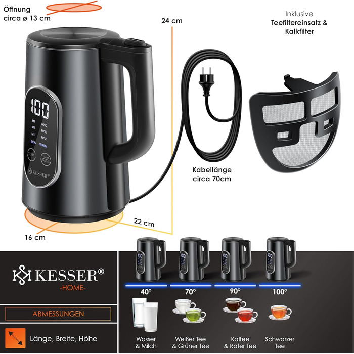 Електричний чайник KESSER 1.7 л, нержавіюча сталь, LED-дисплей, 4 температурні режими 40–100°C, підтримка тепла, 2200 Вт, BPA Free, фільтр від накипу, чорний