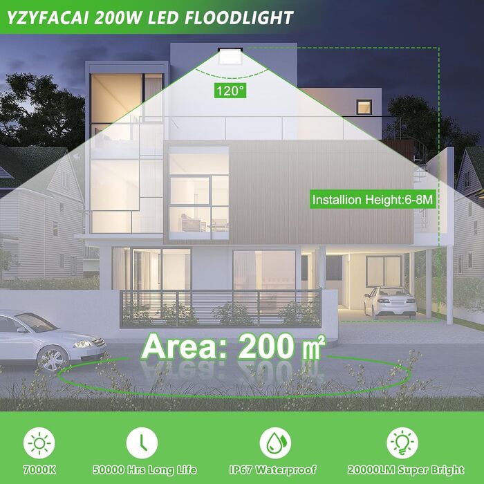 Світлодіодний прожектор YZYFACAI 300W, 30000Лм, 7000K, IP67, для вулиці, двору, гаража, саду