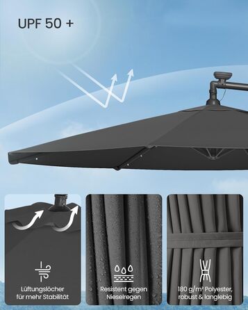 Парасолька SONGMICS 300 см з LED-світлодіодами на сонячній батареї, з підставкою, сірий, для балкону і саду, UPF 50+, ампельна, з ручкою-крутилкою