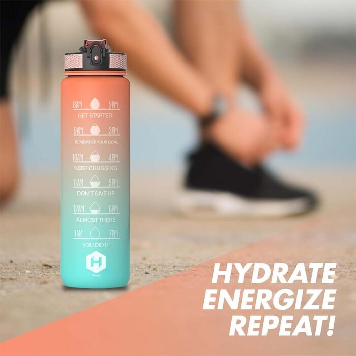 Пляшка для води 1 л BPA-free зі соломинкою та мірною шкалою, для велосипеда, спорту, школи, зручна для газованих напоїв, помаранчева та світло-зелена з помаранчевою кришкою