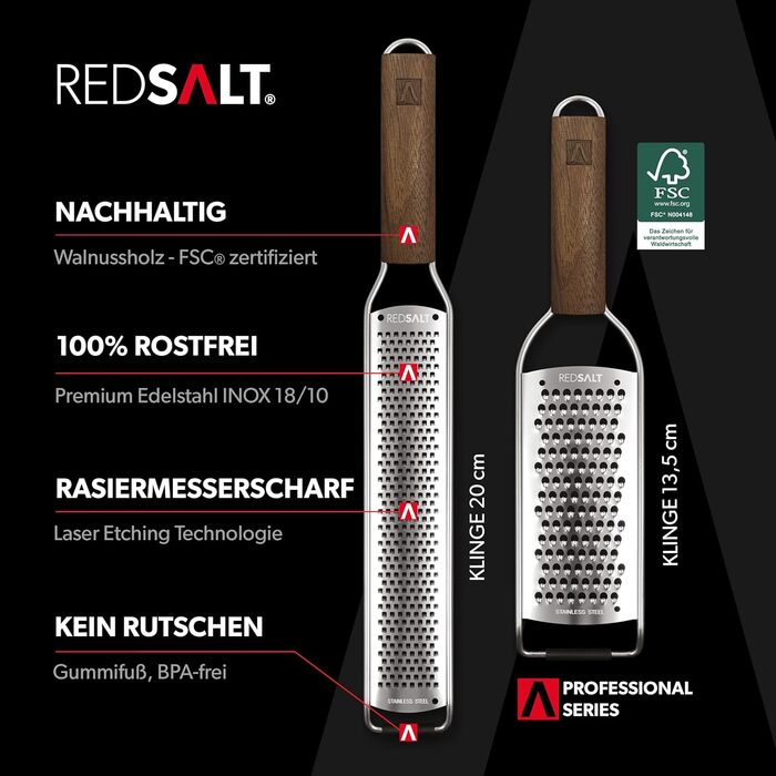 Преміум набір терок REDSALT з нержавіючої сталі з ручкою з волоського горіха — універсальна кухонна терка для лимона, імбиру, моркви, сиру, пармезану, професійний кухонний зестер та джулієн