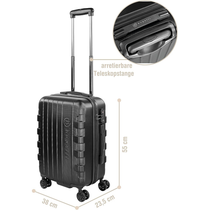 Валіза Bugatti Galatea 55x38x23,5 см, 38 л, жорсткий корпус, 4 колеса, TSA-замок, чорна