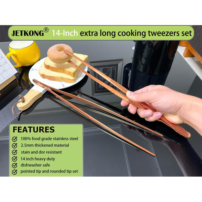 Кухонний пінцет JETKONG 30,5 см, 2 шт, довгий, з нержавіючої сталі, для приготування їжі, рожеве золото