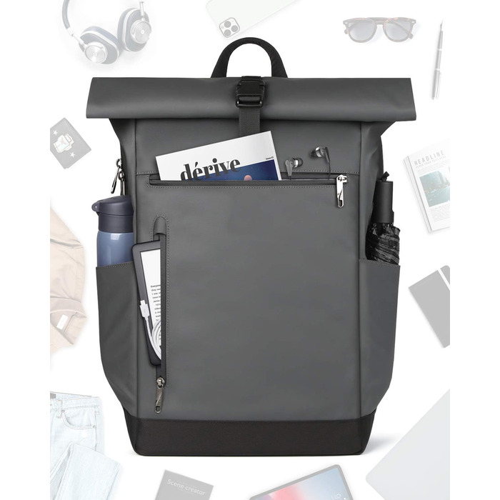 Рюкзак Inateck RollTop 25-30 л для чоловіків і жінок, велосипедний, шкільний, для університету, роботи, спорту та подорожей, з відділенням для ноутбука 17'' (сірий, стильний дизайн)
