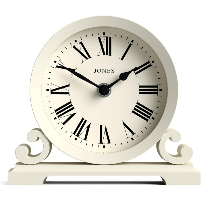 Настільний годинник JONES CLOCKS Saloon, білий, класичний стиль, подвійне скрол-оформлення, римські цифри, для столу, полиці або тумбочки