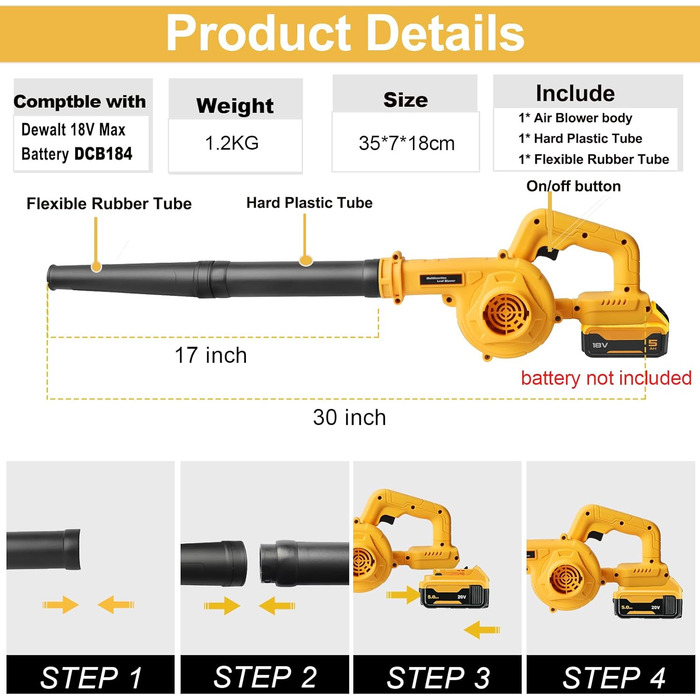 Акумуляторний повітродув Powarobor для Dewalt 18V, компактний садовий повітродув для прибирання листя, газонів, терас і гаражів (без акумулятора та зарядного пристрою)