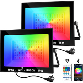 Світлодіодний прожектор для вулиці 100W Smart RGB, з дистанційним керуванням та Bluetooth-додатком, IP66, зміна кольору, комплект 2 шт. Для саду та двору