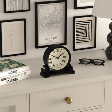 Декоративний настільний годинник JONES CLOCKS Saloon, класичний стиль, чорний, римські цифри, подвійний сувій, для письмового столу, полиці чи тумбочки