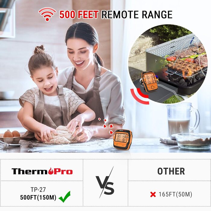 Термометр для гриля ThermoPro TP27C, 150 м, 4 зонда, водонепроникний, великий LCD, для барбекю, газового гриля, Dutch Oven