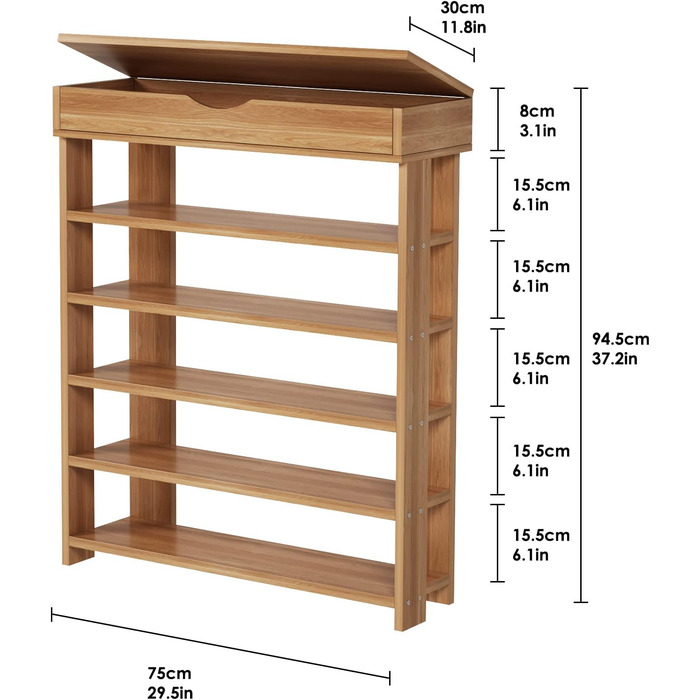 Soges 5-рівнева полиця для взуття з дерева, 75 x 30 x 94,5 см, тика, взуттєва шафа для вітальні, передпокою, коридору