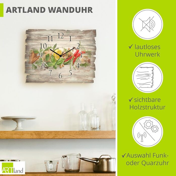 Декоративний настінний годинник ARTLAND з дерева 40x30 см, безшумний, прямокутний, для кухні, кав’ярні, із зображенням кави та круасану, кварцовий механізм