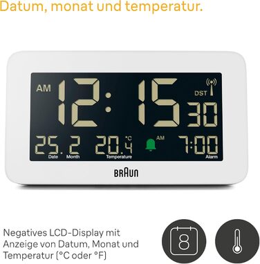 Цифровий радіокерований годинник-будильник Braun BC10W-DCF для Центральної Європи (DCF), з відображенням дати, місяця та температури, негативним LCD-дисплеєм і білим сигналом будильника