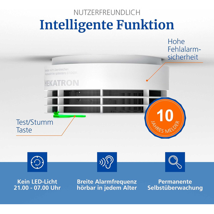 Детектор диму Hekatron Genius Plus з батареєю на 10 років, переможець тесту Stiftung Warentest, підтримка додатку, монтаж на клей, німецька якість, багатомовний